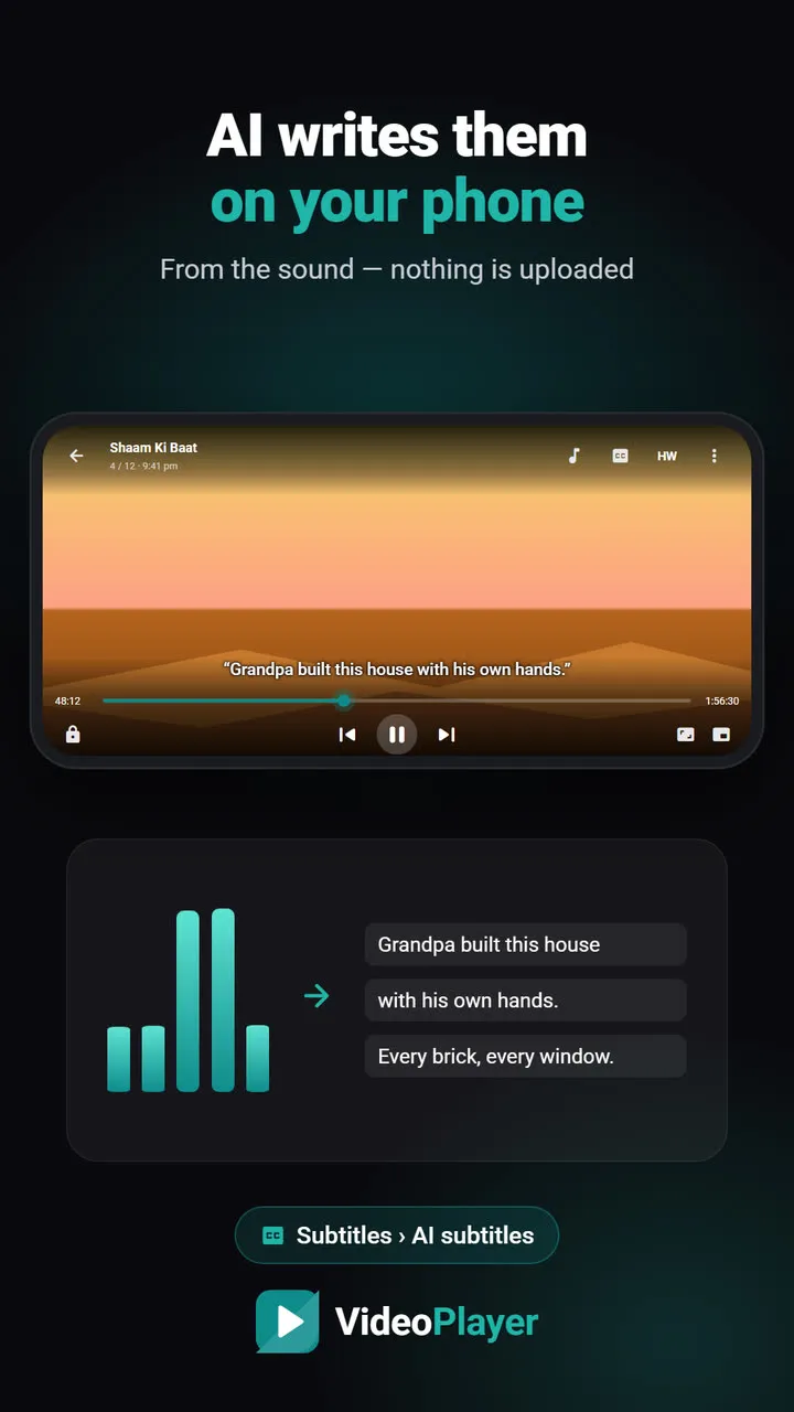 VideoPlayer making AI subtitles from a video’s sound on the phone