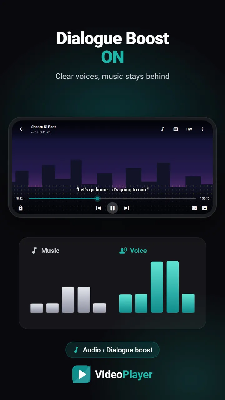 Turning on Dialogue Boost in VideoPlayer to increase dialogue volume in a movie