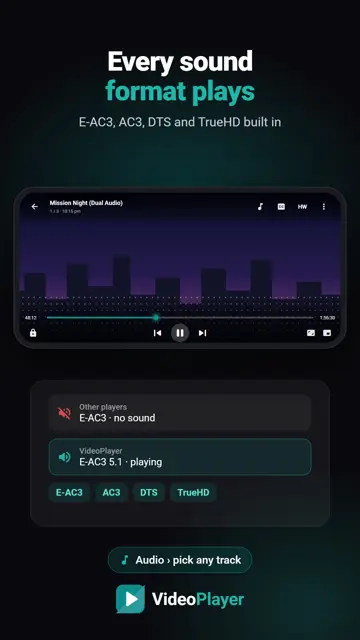 VideoPlayer में EAC3 ऑडियो वाली डुअल ऑडियो मूवी आवाज़ के साथ चलते हुए