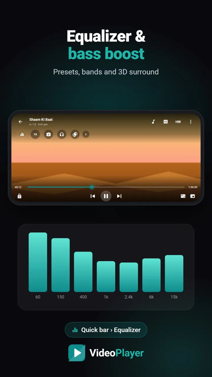VideoPlayer में Bass Booster इक्वलाइज़र प्रीसेट चुनते हुए