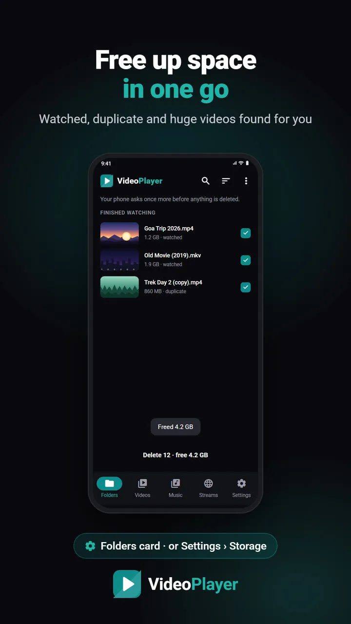 VideoPlayer की Free up space स्क्रीन पर देखे और डुप्लिकेट वीडियो की लिस्ट