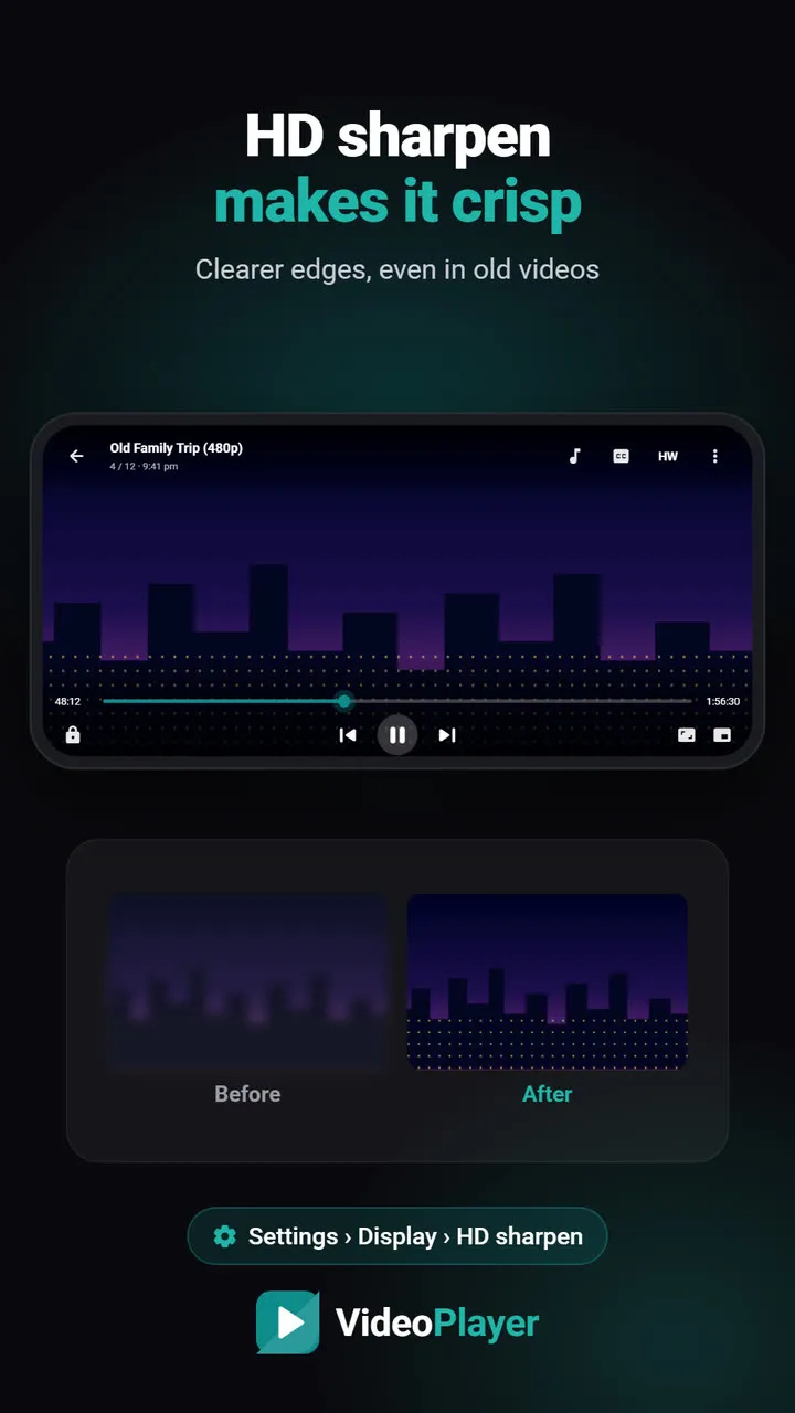 Before and after HD sharpen improving video quality in VideoPlayer
