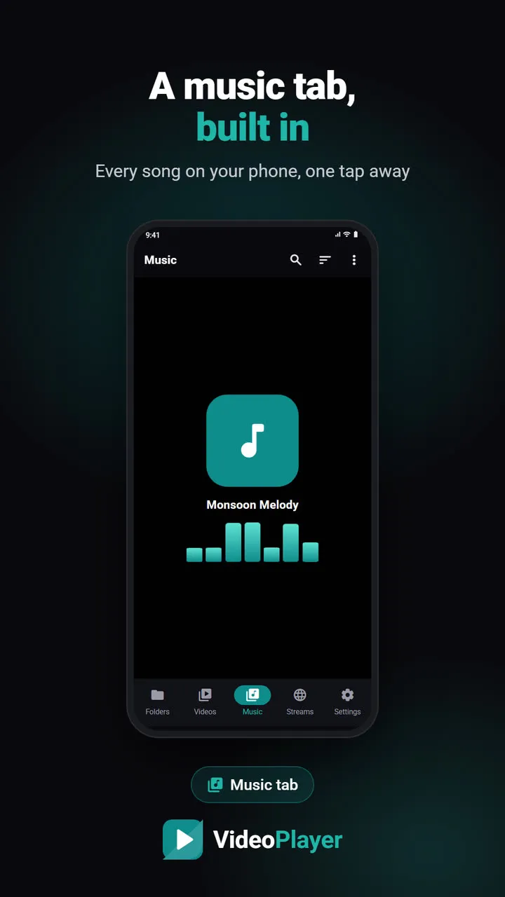 The Music tab of VideoPlayer listing songs on the phone