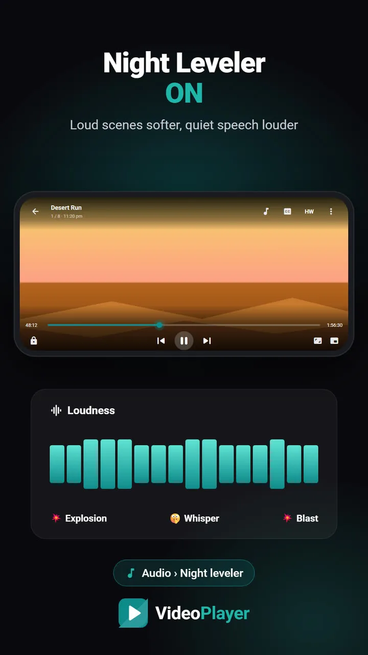 VideoPlayer के Night Leveler से मूवी की तेज़ और धीमी आवाज़ बराबर होते हुए