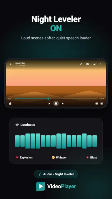 VideoPlayer के Night Leveler से मूवी की तेज़ और धीमी आवाज़ बराबर होते हुए