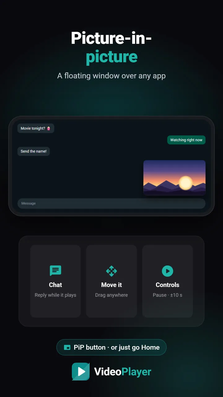 VideoPlayer पिक्चर-इन-पिक्चर मोड में चैट ऐप के ऊपर तैरते हुए