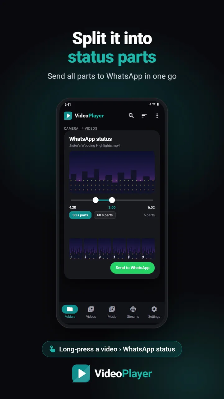 Splitting a video into six parts for WhatsApp status in VideoPlayer
